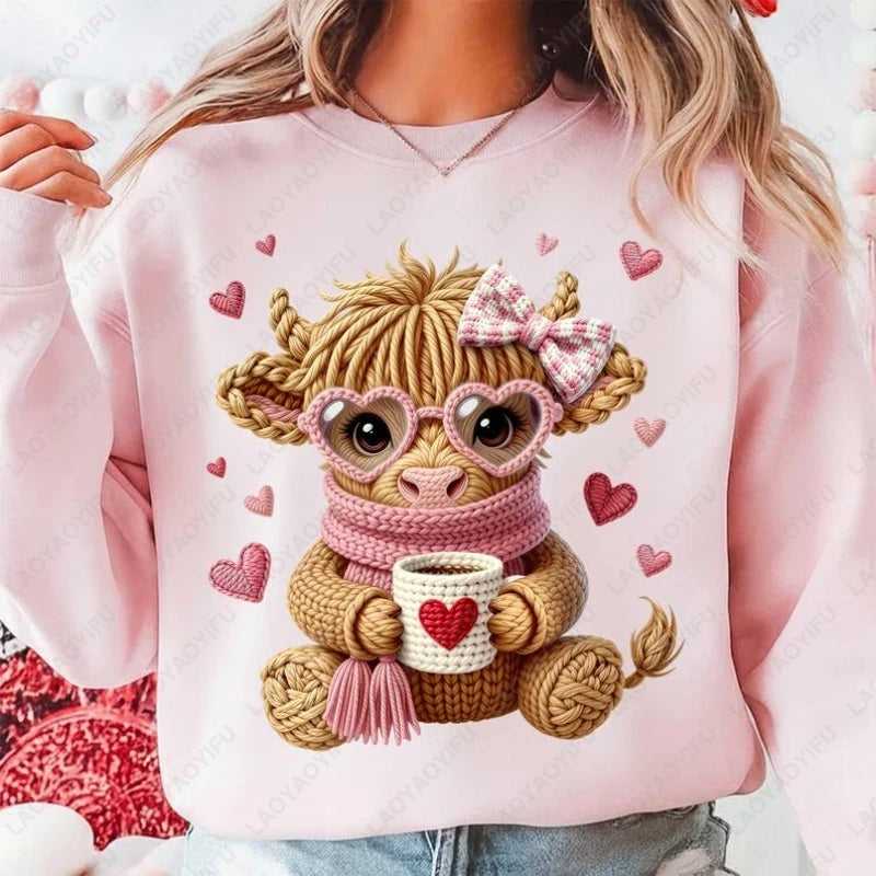 Highland Cow Valentine Day Imitation Knitting Coquette Coffee Preppy Lovely Style Casual Winter Pullover Cute Retro Women Hoody