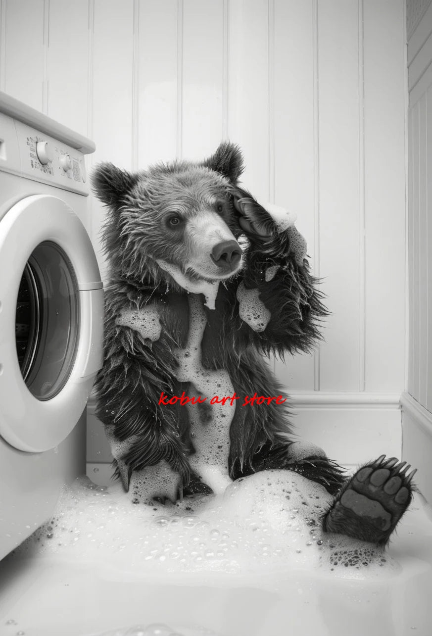 Bear Highland Cow Giraffe Animal in Washing Machine Poster Canvas Printing Wall Art Picture Fun Laundry Room Utility Room Decor