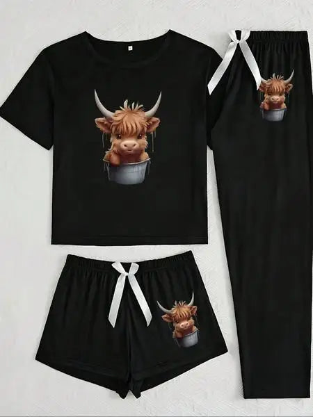 Women's Cartoon Highland Cow Print Pajama Set, 3 Piece Sleepwear Collection, Casual Fitted Nightwear for All Seasons