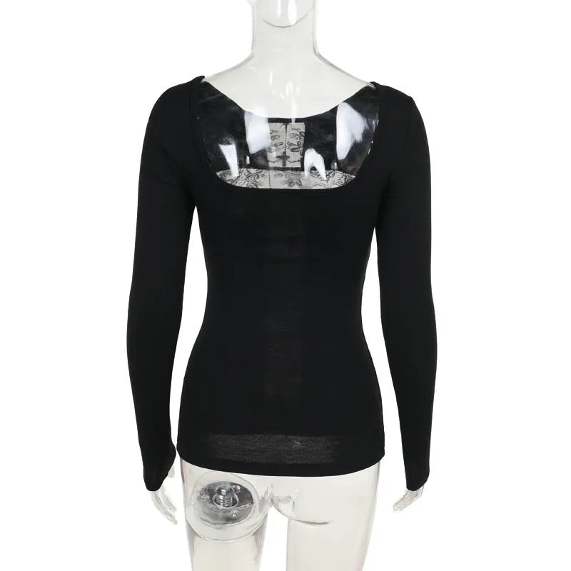 Gothic T-shirt for Women Sexy Hollow Out Mesh Cross Half Turtleneck Black Slim Soft Velvet Long Sleeve  Crop Tops