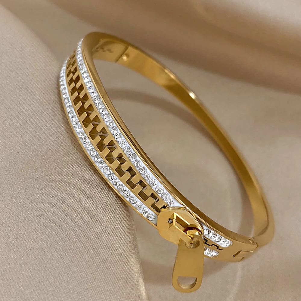 AENSOA Luxurious Zipper Style Stainless Steel Waterproof Rust Resistant Bracelets Inlaid Rhinestone Gold Plated Bracelet Bangles