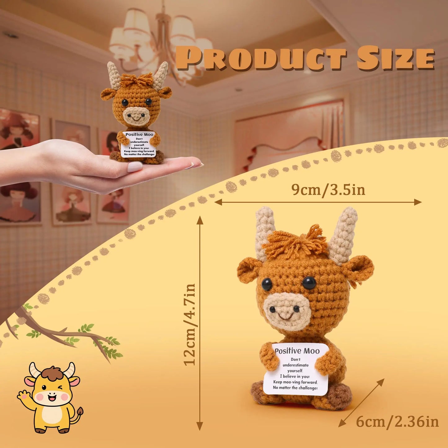 Mini Funny Positive Highland Cow Knitted Wool Cow Toy with Positive Card Creative Cute Crochet Doll Emotional Support Cheer Up