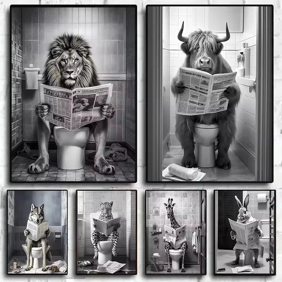 Diamond art painting Funny Bathroom Lion Cow Sitting on Toilet Reading Newspaper 5D  diamond embroidery Modern Home Wall Decor