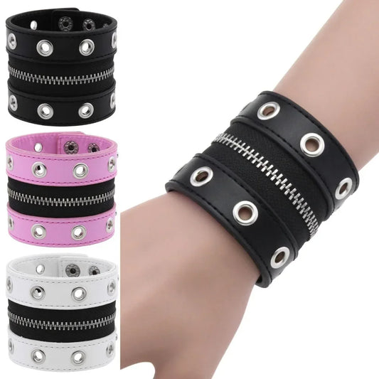 Gothic Leather Bracelet Zipper Punk Rivet Wrap Bracelets Button Wristband Men Women Fashion Accessories