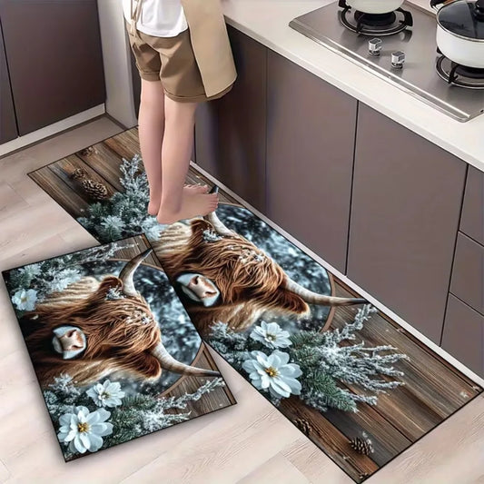 Highland Cows and Flowers Pattern Mat Non-Slip Kitchen Mat, Fashionable Home Decor for Living Rooms, Bedrooms, Hallway Entrances