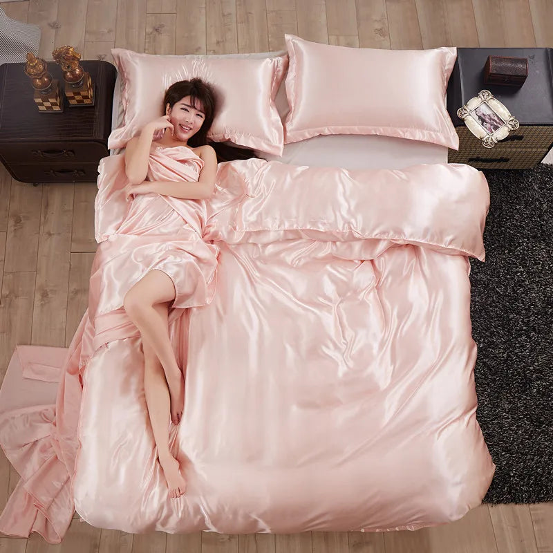Luxury Mulberry Silky Blending Bedding Set Queen High-end Satin Duvet Cover Set with Sheet Soft Skin Friendly Silky Bedding Sets