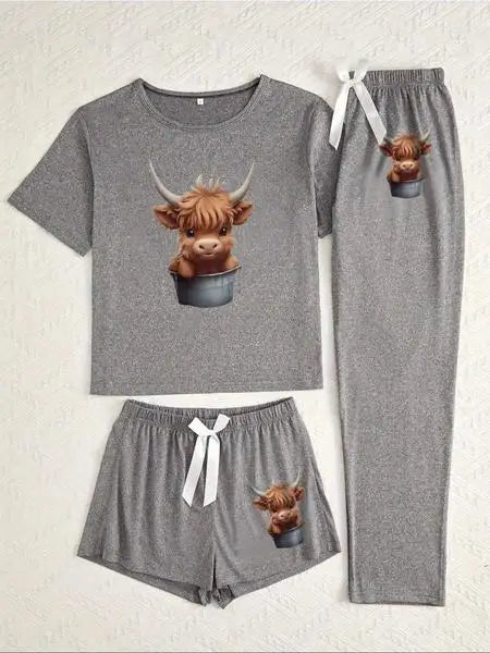Women's Cartoon Highland Cow Print Pajama Set, 3 Piece Sleepwear Collection, Casual Fitted Nightwear for All Seasons