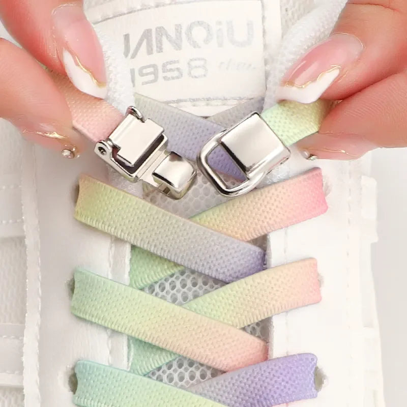 1Pair Rainbow Shoe Laces Without Ties Elastic Shoelaces Metal Buckle Lock Convenient Lazy Shoes Lace For Sneakers Accessories