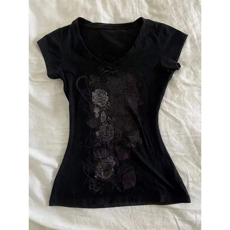 Gothic T-shirts Women Vintage Punk Y2k Crop Tops Punk Skull Black Hot Girl Tshirt Short Sleeve Fashion Street Tees Sxey Vintage