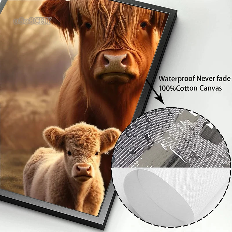 Cute Highland Cows Canvas Print Posters Nature Highland Cow Cattle Canvas Painting Wall Art Pictures for Living Room Home Decor