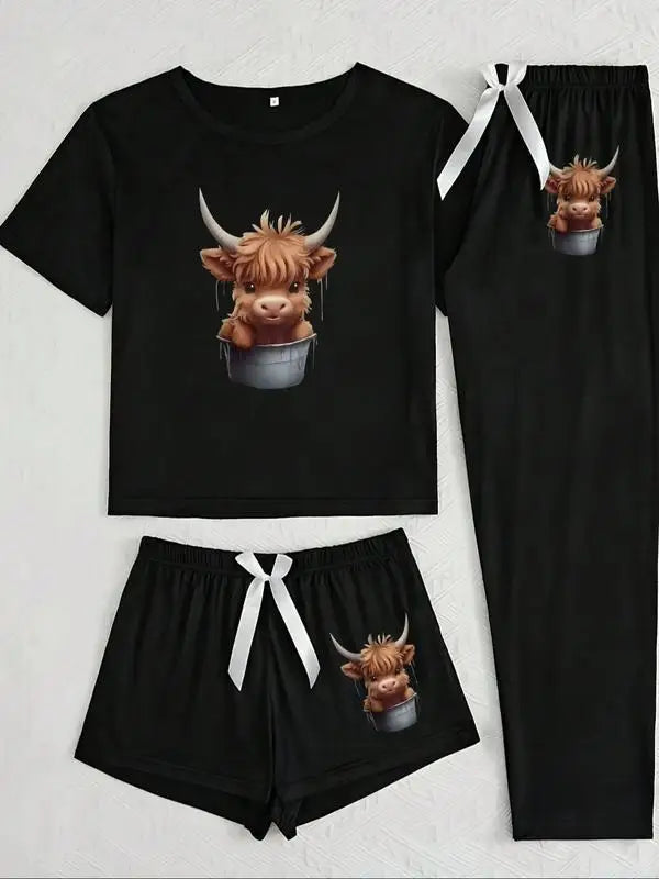 Women's Cartoon Highland Cow Print Pajama Set, 3 Piece Sleepwear Collection, Casual Fitted Nightwear for All Seasons