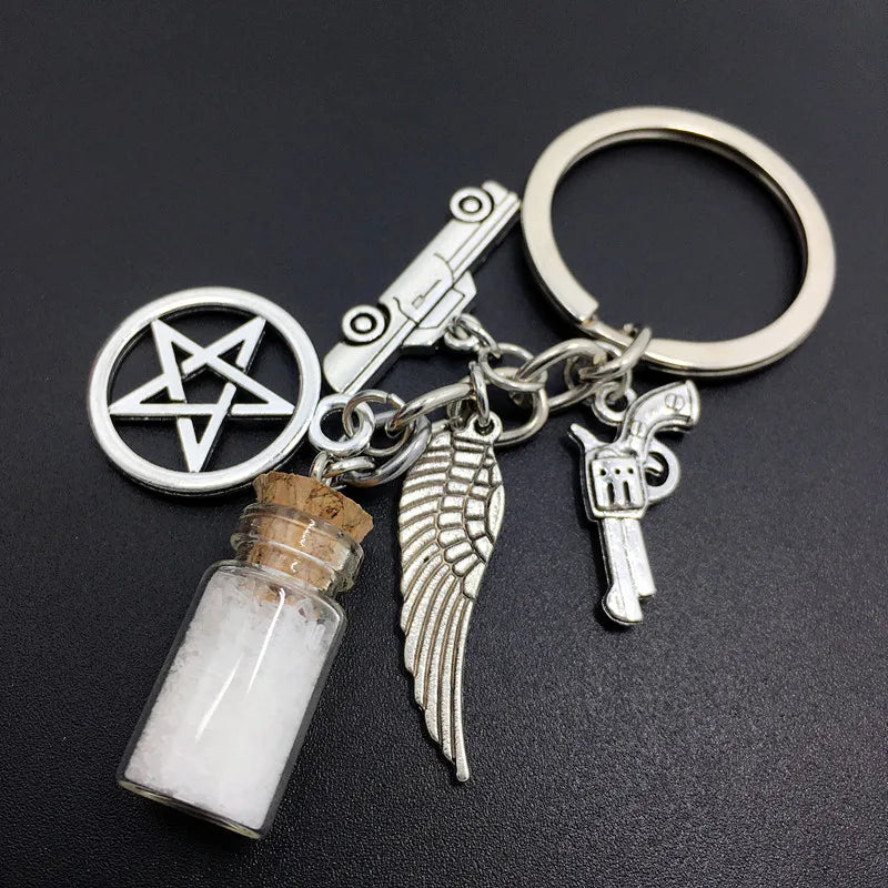 Supernatural Evil Power SPN Salt Bottle Gun Wings Pentagram Key Chain