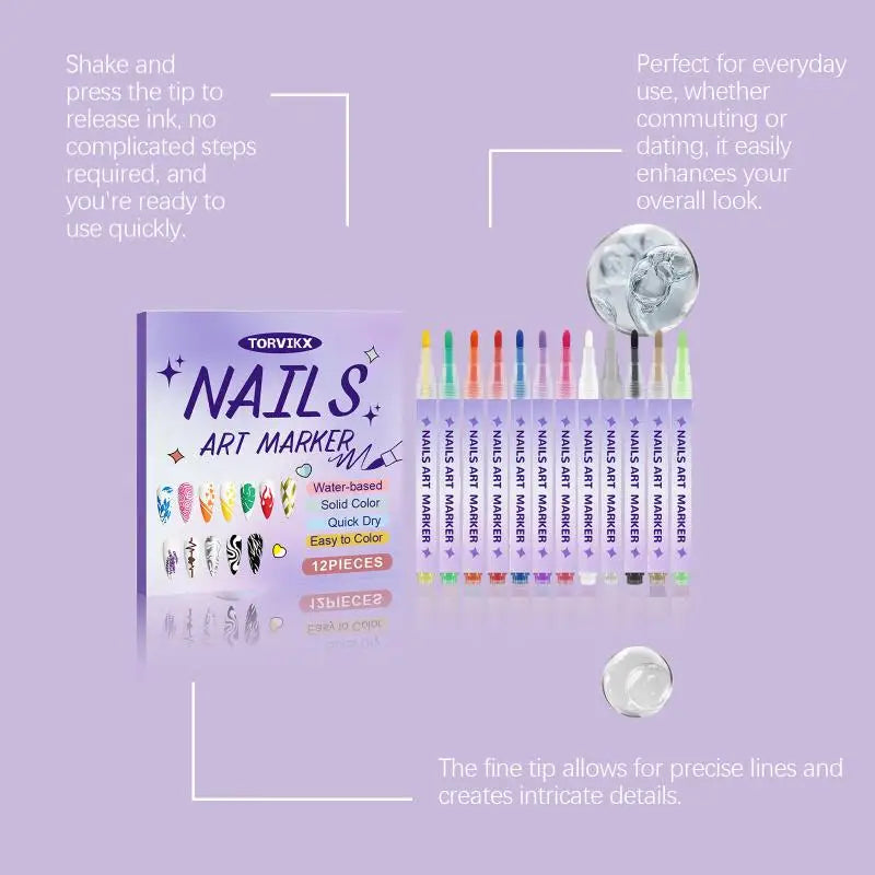 12Pcs Nail Marker Drawing Acrylic Paint Pens Nail Art Graffiti Pen Set Waterproof Nail Painting Manicure Extra Fine 0.5mm
