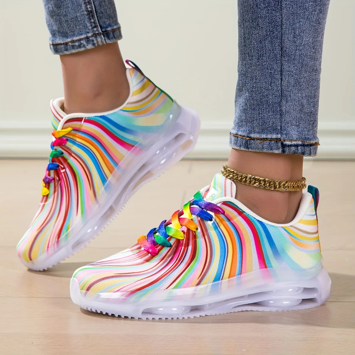 Women's Rainbow Stripe Casual Sports Shoes Summer Mesh Fashion Flat Beach and Leisure Holiday Lace-up Running Shoes for Ladies
