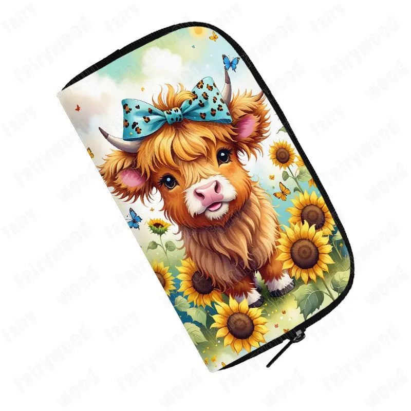 Highland Cow Print wallet Baby Scottish Highland Cows Having Coffee/ Bubble Tea Women Credit Card Holder Long Wallet Money Purse