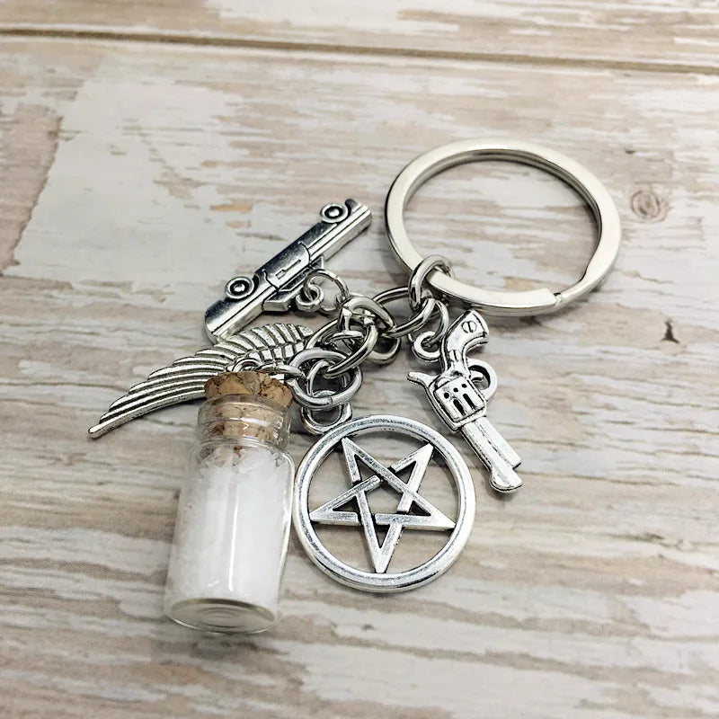 Supernatural Evil Power SPN Salt Bottle Gun Wings Pentagram Key Chain