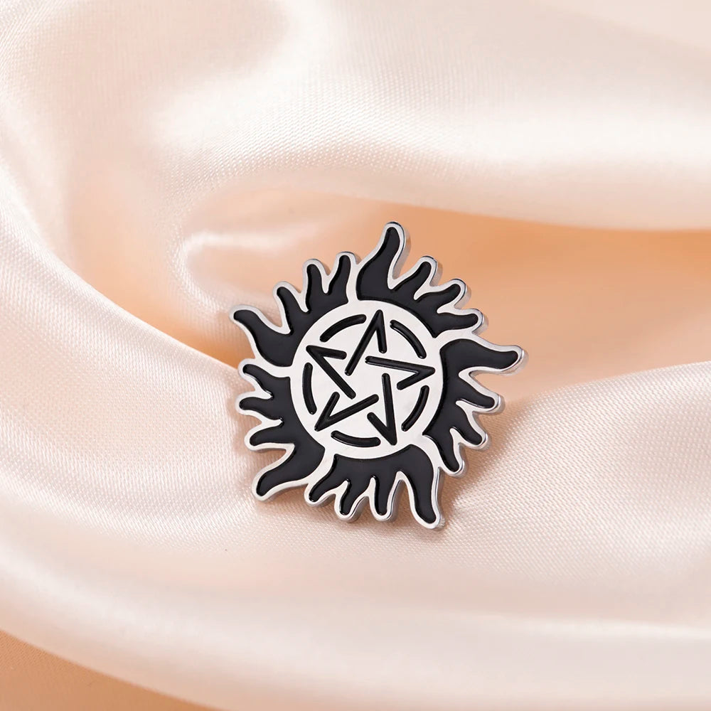 Dawapara Supernatural Anti Possession Symbol Brooch Pins Sunshine Pentagram Protection Amulet Stainless Steel Jewelry