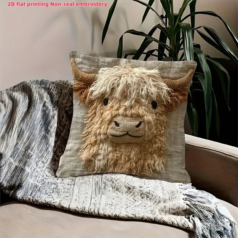 Cute Highland Cow Design 2D Flat-Printed Pillow Cover for Home Decor Sofa cushion cover, home decoration, 2D printing