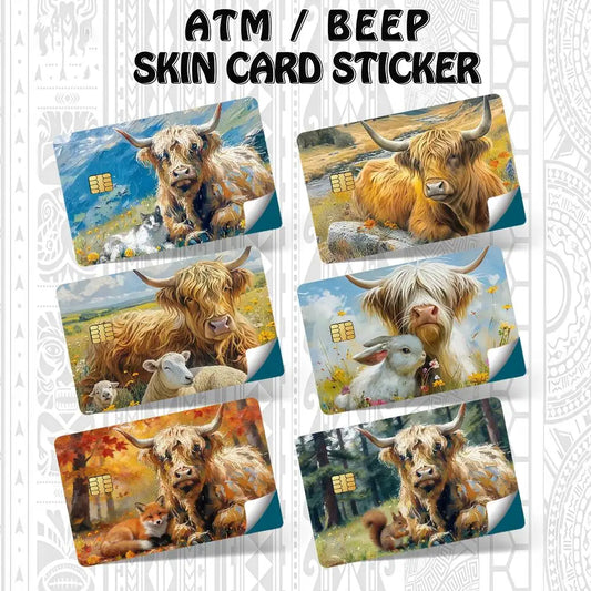 Cute Highland Cow Bank Credit Cards Bus Pass Stickers Cool Decoration Waterproof 4PCS Card