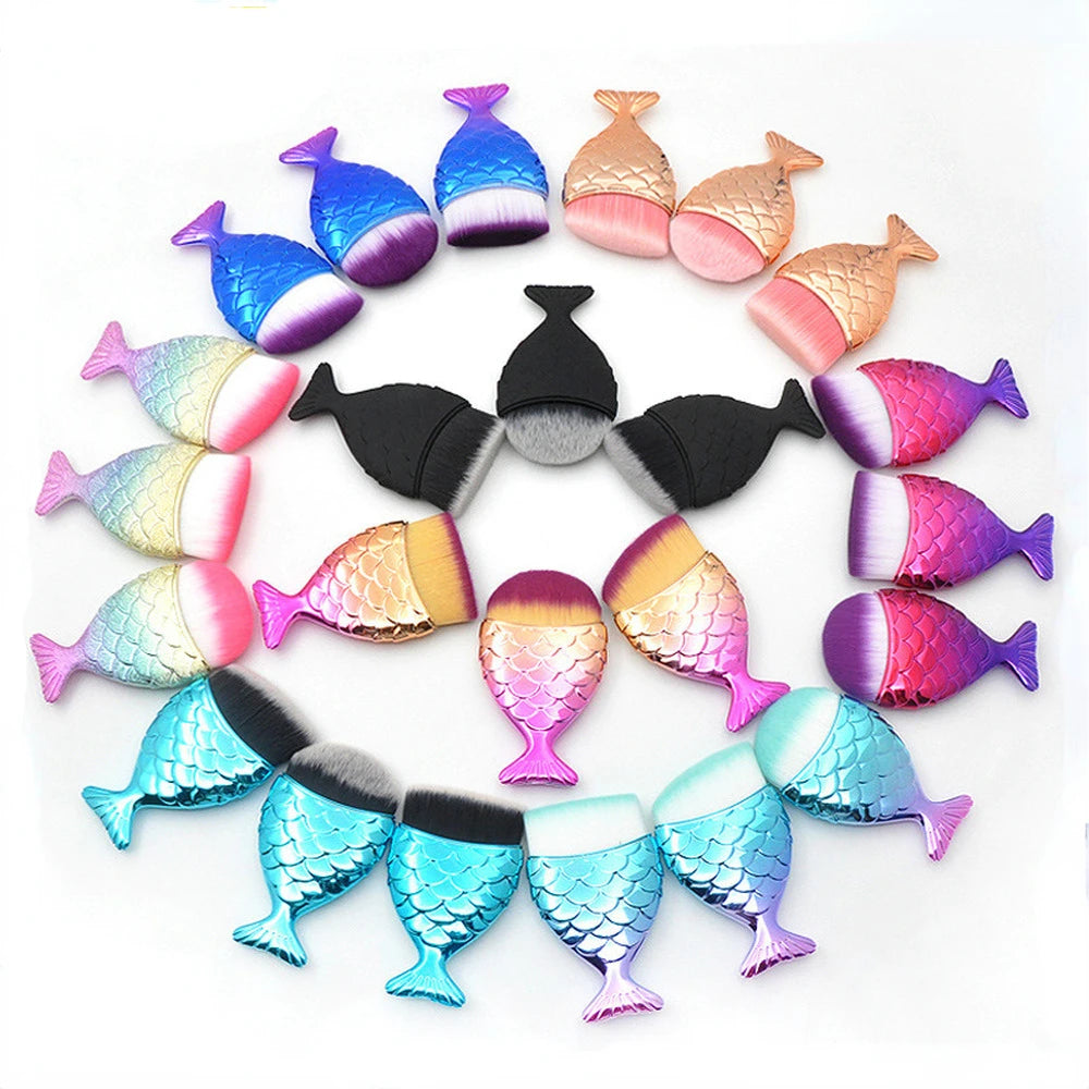 Mermaid Makeup Brush Professional Face Blush Brush Foundation Cosmetic Brush Fish Makeup Tools Kit Powder Nail Art Cleaning Tool