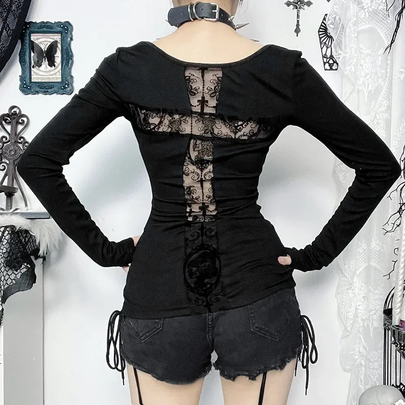 Gothic T-shirt for Women Sexy Hollow Out Mesh Cross Half Turtleneck Black Slim Soft Velvet Long Sleeve  Crop Tops