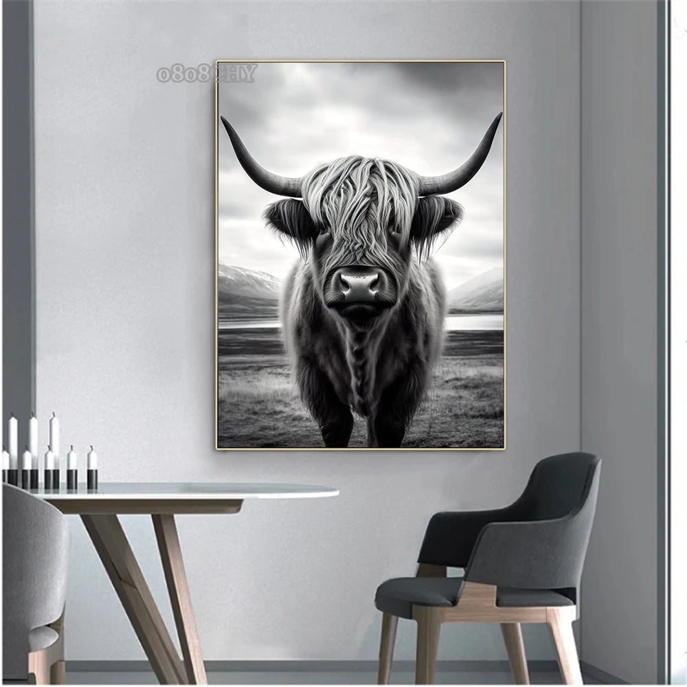 Cute Highland Cows Canvas Print Posters Nature Highland Cow Cattle Canvas Painting Wall Art Pictures for Living Room Home Decor