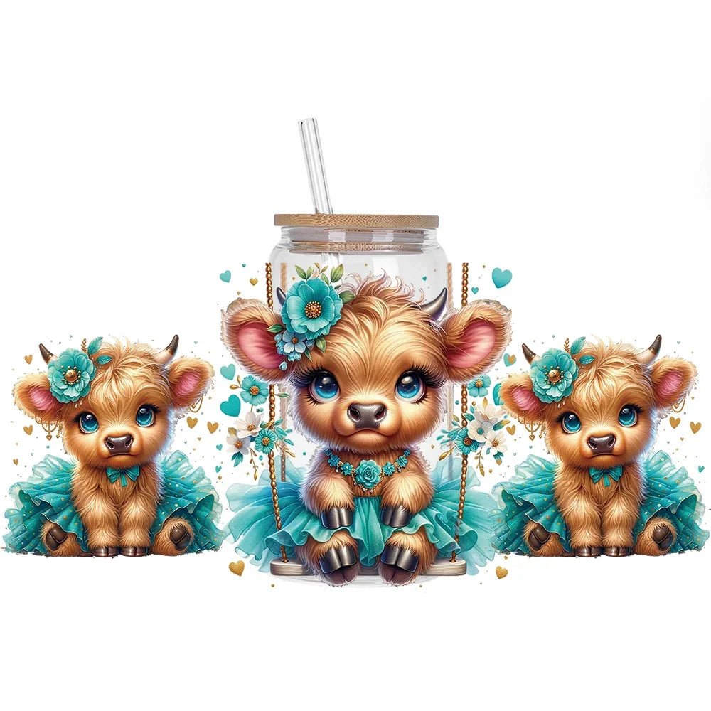 Highland Cattle Baby 16oz UV DTF Sticker Cup Personalize UV Wrap Label DIY Logo Self Adhesive Cow Design 3D Transfer Sticker