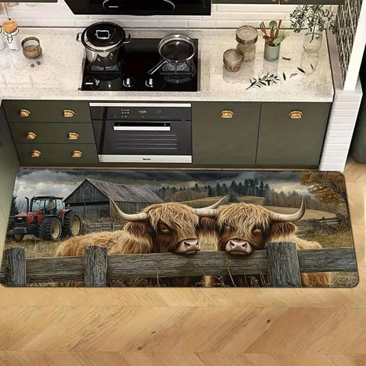 Country Style Kitchen Mat Highland Cow Anti-slip Mat for Kitchen Soft and Comfortable, Exquisite and Practical Home Decoration