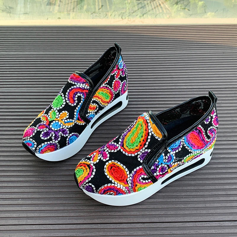 Rainbow Embroidered Platform Loafers for Women Summer Breathable Mesh Sneakers Woman Plus Size Lightweight Slip On Casual Shoes
