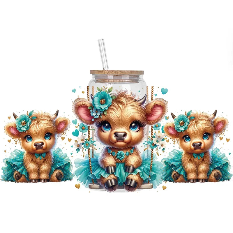 Highland Cattle Baby 16oz UV DTF Sticker Cup Personalize UV Wrap Label DIY Logo Self Adhesive Cow Design 3D Transfer Sticker