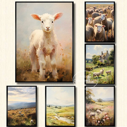 Countryside Highland Sheep Poster Modern Farmhouse Wall Art Pink Sheep Animals Print Canvas Painting Wall Living Room Home Decor