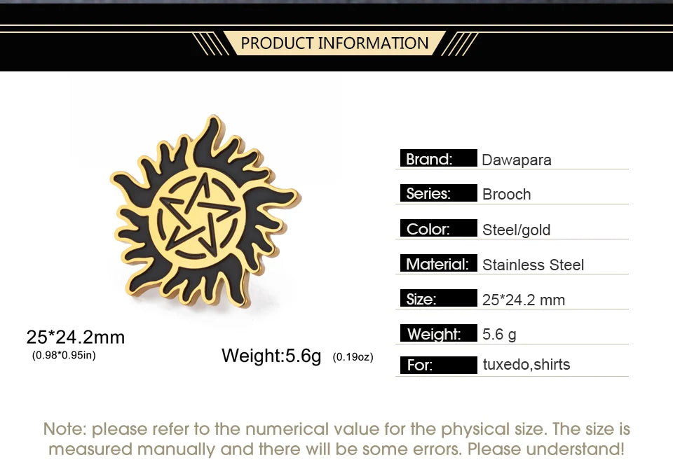 Dawapara Supernatural Anti Possession Symbol Brooch Pins Sunshine Pentagram Protection Amulet Stainless Steel Jewelry