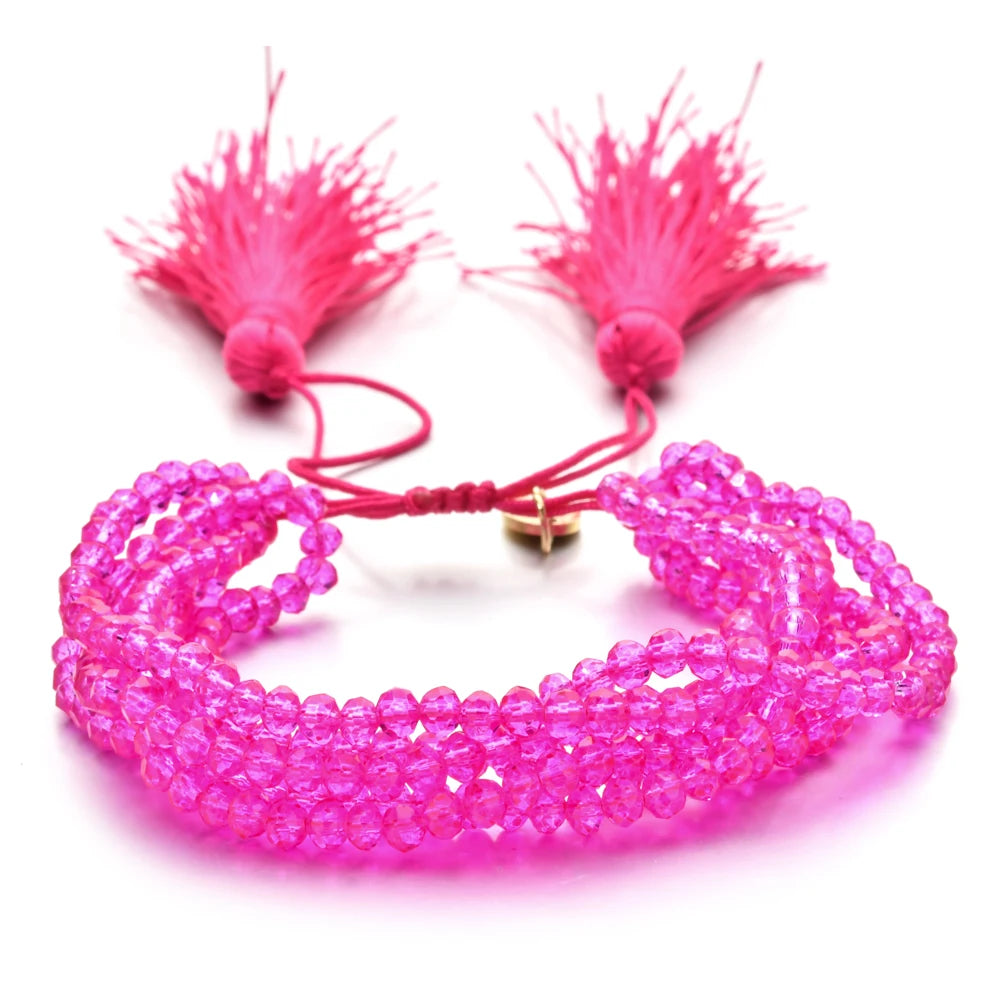 ZMZY Pink Boho Handmade Crystal Bead Bracelets Elastic Glass Beaded Layered Stacked Bracelet Tassel Jewelry Friends Gift