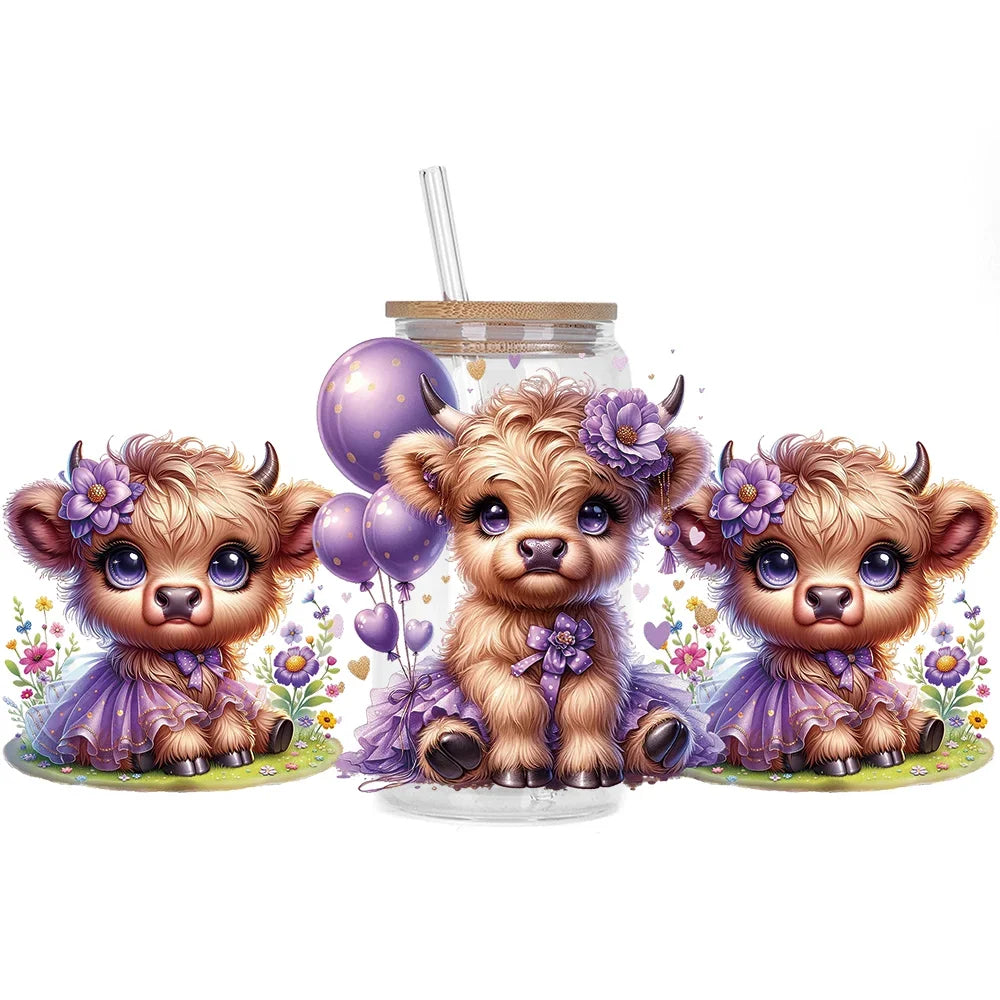 Highland Cattle Baby 16oz UV DTF Sticker Cup Personalize UV Wrap Label DIY Logo Self Adhesive Cow Design 3D Transfer Sticker