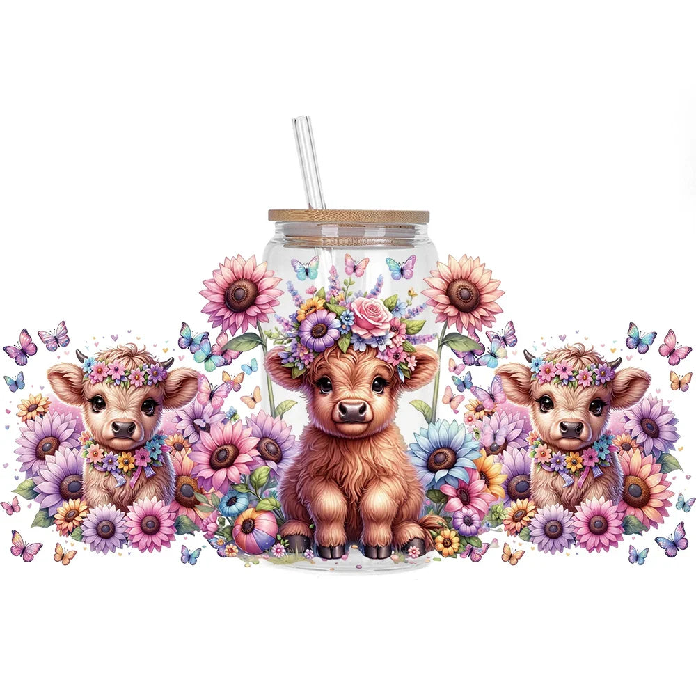 Highland Cattle Baby 16oz UV DTF Sticker Cup Personalize UV Wrap Label DIY Logo Self Adhesive Cow Design 3D Transfer Sticker