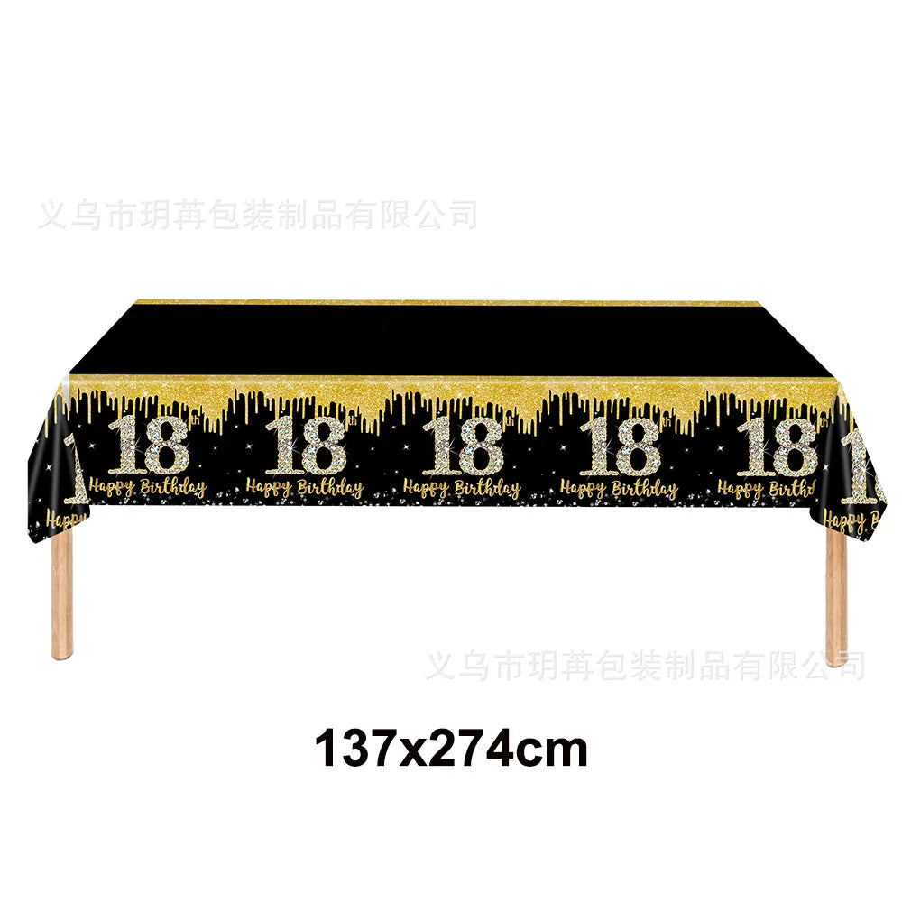 18th Birthday Decors for Boys Girls Black Gold Party Banner Balloon Tablecloth Plate Cup Napkin 18 Years Birthday Party Supplies
