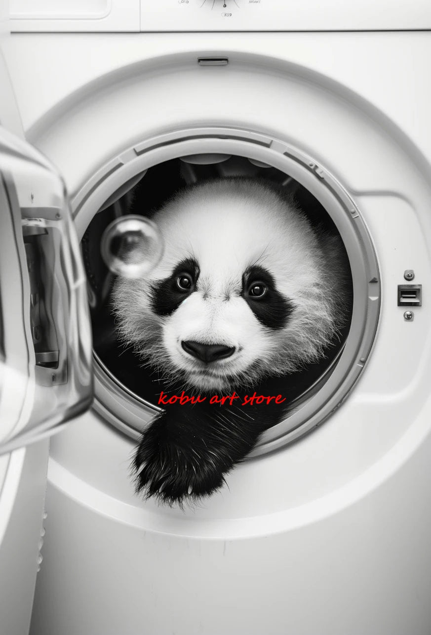 Bear Highland Cow Giraffe Animal in Washing Machine Poster Canvas Printing Wall Art Picture Fun Laundry Room Utility Room Decor