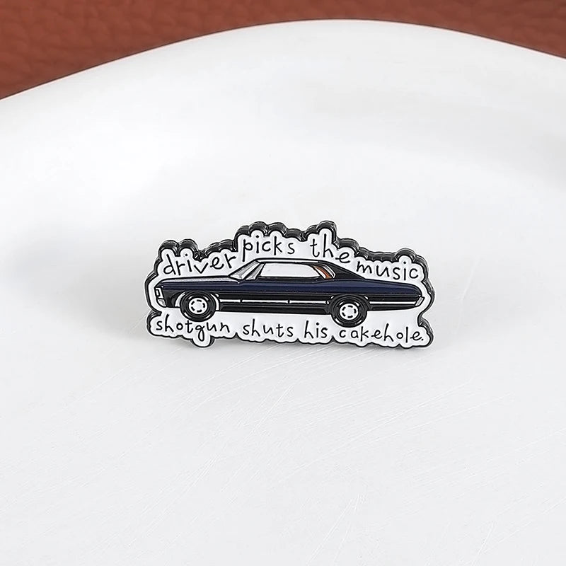 Supernatural TV Show Enamel Pin Driver Picks the Music Gun Shuts His Cakehole Metal Brooch Lapel Badge Jewelry Gift For Friends