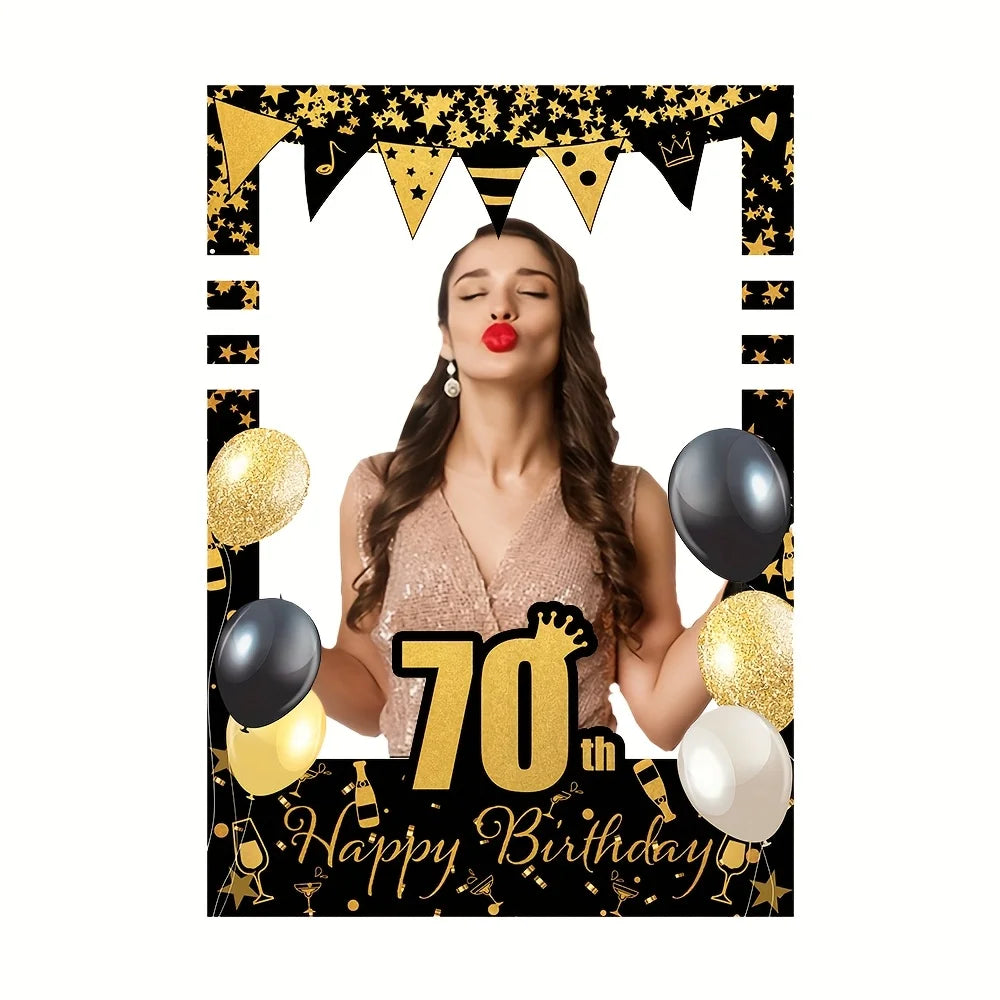 Black Gold Happy Birthday Photo Booth - 18, 21, 30, 40, 50, 60 years old. Party decoration supplies for people aged 70 and 80