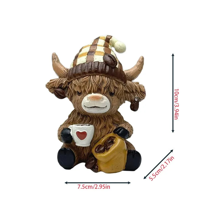 Scottish Highland Cow Statue Mini Cow Figurine Dwarf Resin Ornament Craft Miniatures Festive Christmas Gift Desk Home Decoration