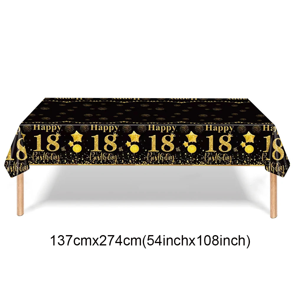 18th Birthday Decors for Boys Girls Black Gold Party Banner Balloon Tablecloth Plate Cup Napkin 18 Years Birthday Party Supplies