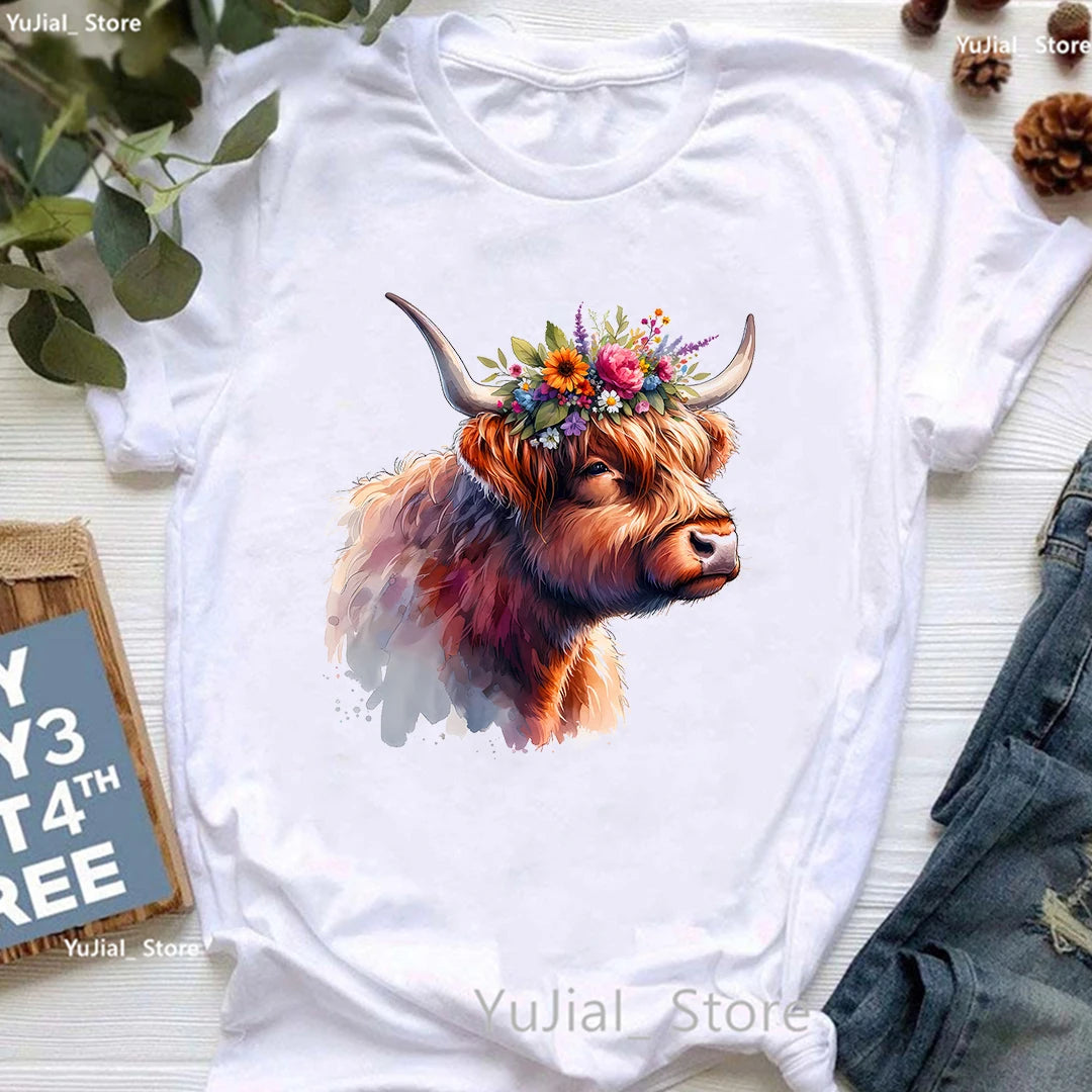 Highland Cow Floral Crown Animal Printed T Shirt Women Clothes 2024 Summer Fashion Tops Tee Shirt Femme Harajuku Shirt