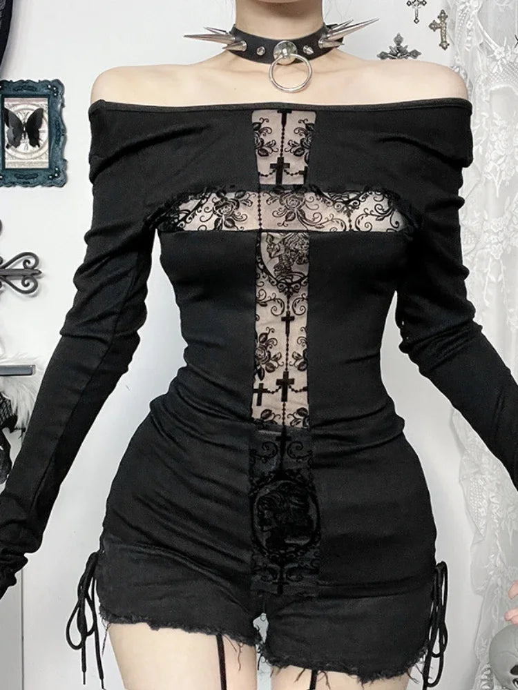 Gothic T-shirt for Women Sexy Hollow Out Mesh Cross Half Turtleneck Black Slim Soft Velvet Long Sleeve  Crop Tops