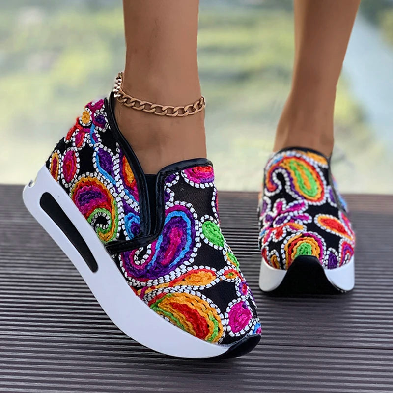 Rainbow Embroidered Platform Loafers for Women Summer Breathable Mesh Sneakers Woman Plus Size Lightweight Slip On Casual Shoes