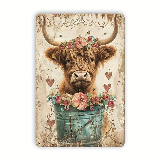Rustic Highland Cow with Flowers Metal Tin Sign