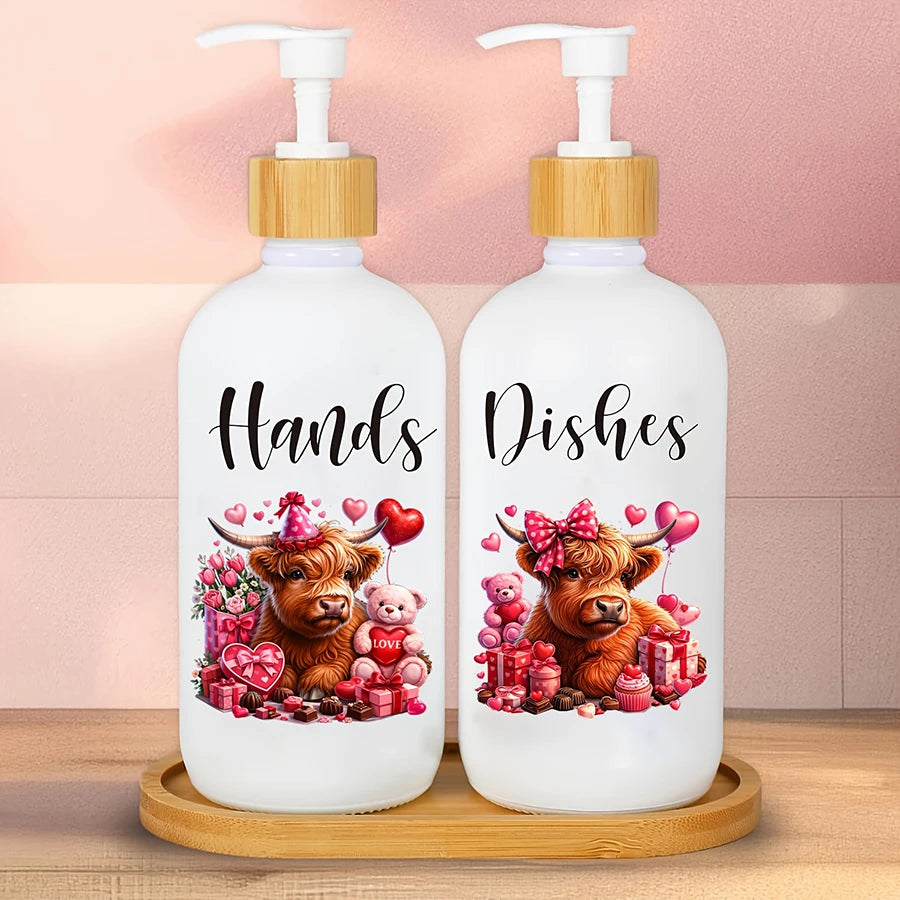 2Pcs Highland Cow Soap Dispenser withTray Farmhouse Cow Floral Plastic Dispenser with Pump Refillable Liquid Soap Container