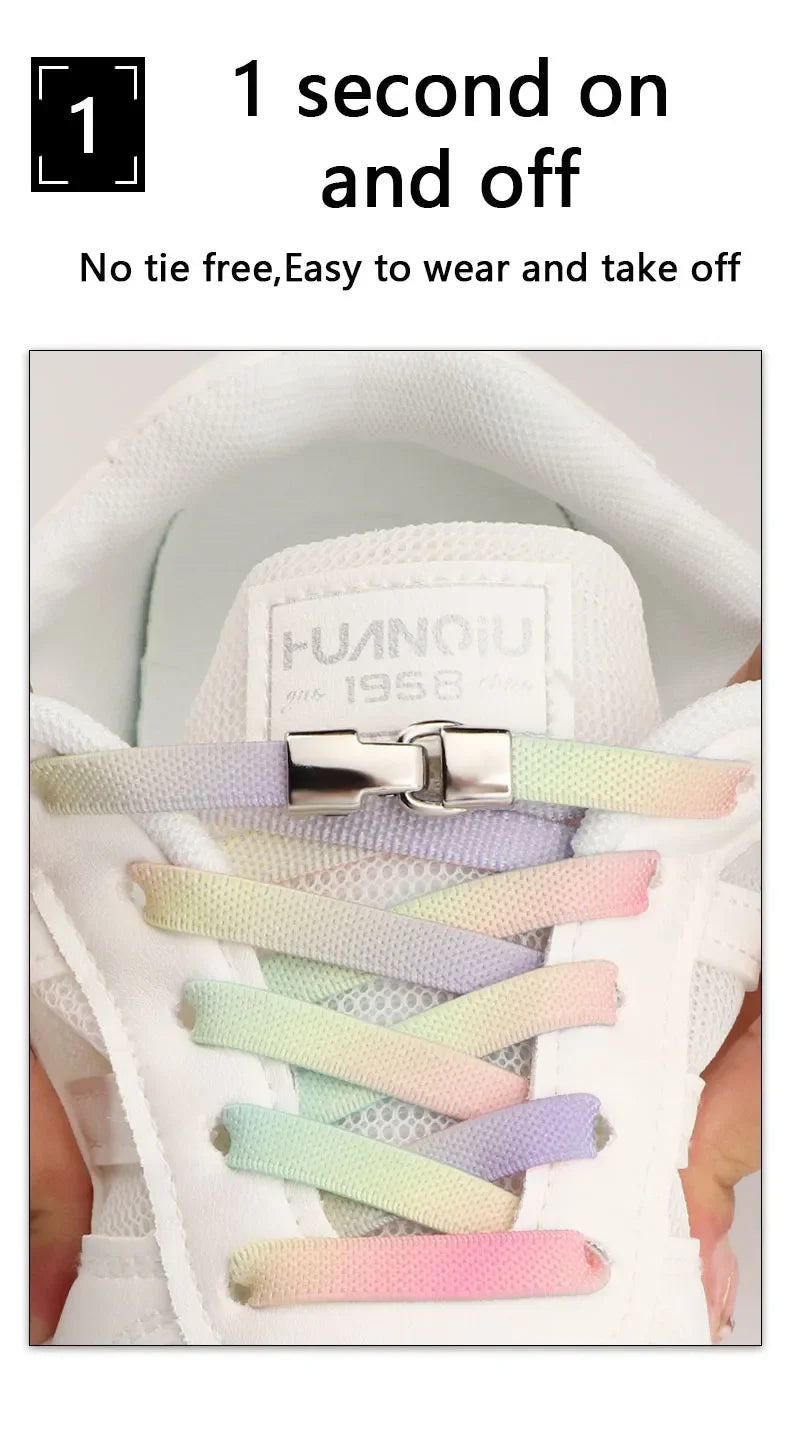 1Pair Rainbow Shoe Laces Without Ties Elastic Shoelaces Metal Buckle Lock Convenient Lazy Shoes Lace For Sneakers Accessories