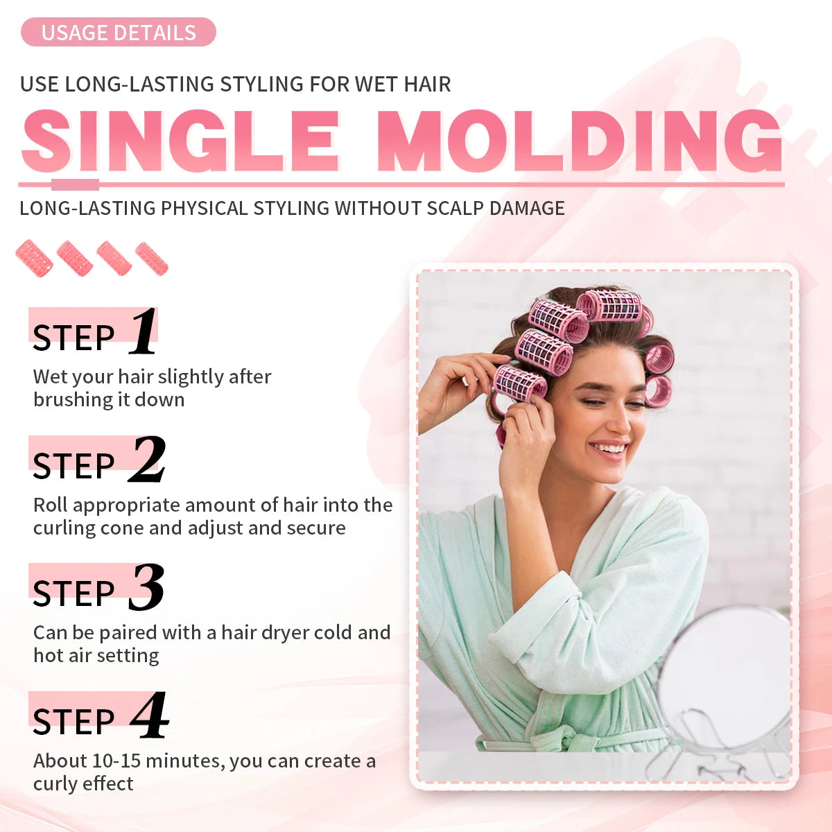 12Pcs Pink Hair Roller Sets Self Holding Hairdressing Curlers DIY Curly Hairstyle Tool For Women Hair Curler Styling Tools