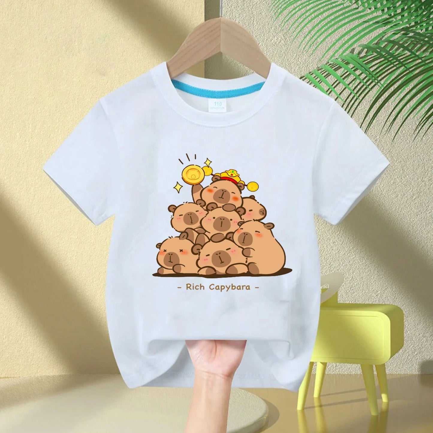 Cute Capybara Loves Bubble Tea print kids T-Shirt summer children's pure cotton short-sleeved casual tops boys and girls gifts