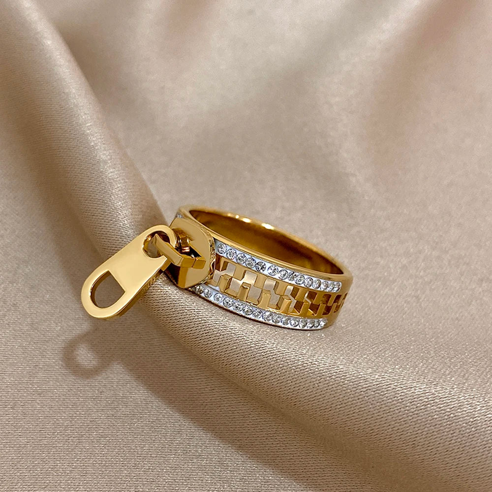 AENSOA Luxurious Zipper Style Stainless Steel Waterproof Rust Resistant Bracelets Inlaid Rhinestone Gold Plated Bracelet Bangles